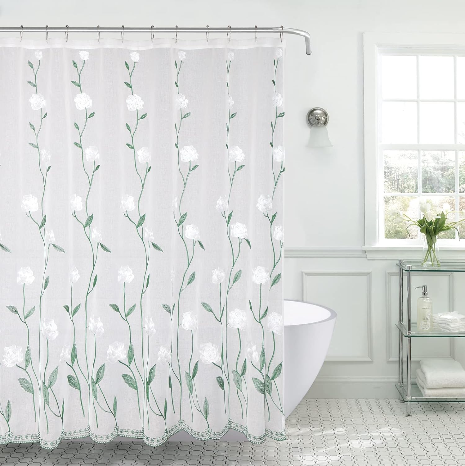 Decorative Sheer Fabric Shower Curtain for Bathroom White