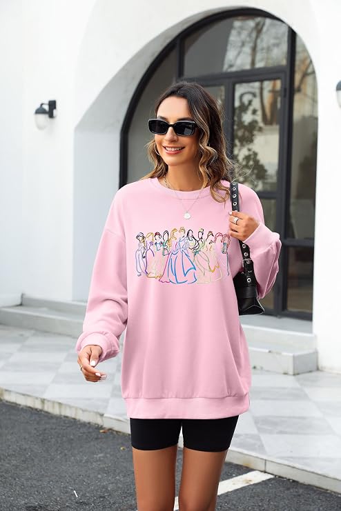 BANGELY Fantastical Sweatshirt Women Cute Embroidered Fantastical Princess Sweater Family Vacation Shirt Long Sleeve Top