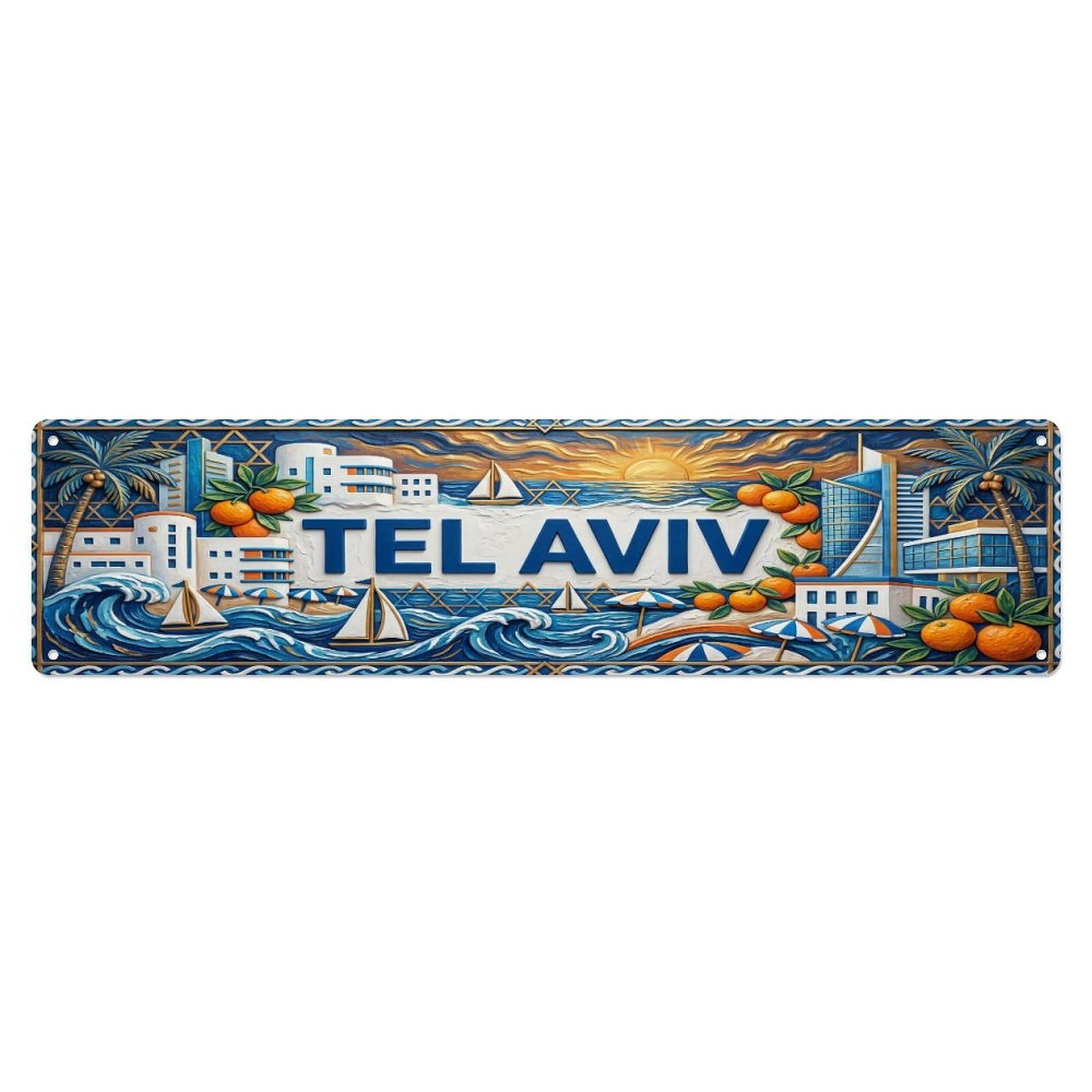 Vintage Tel Aviv Israel Flag Pattern Metal Tin Sign