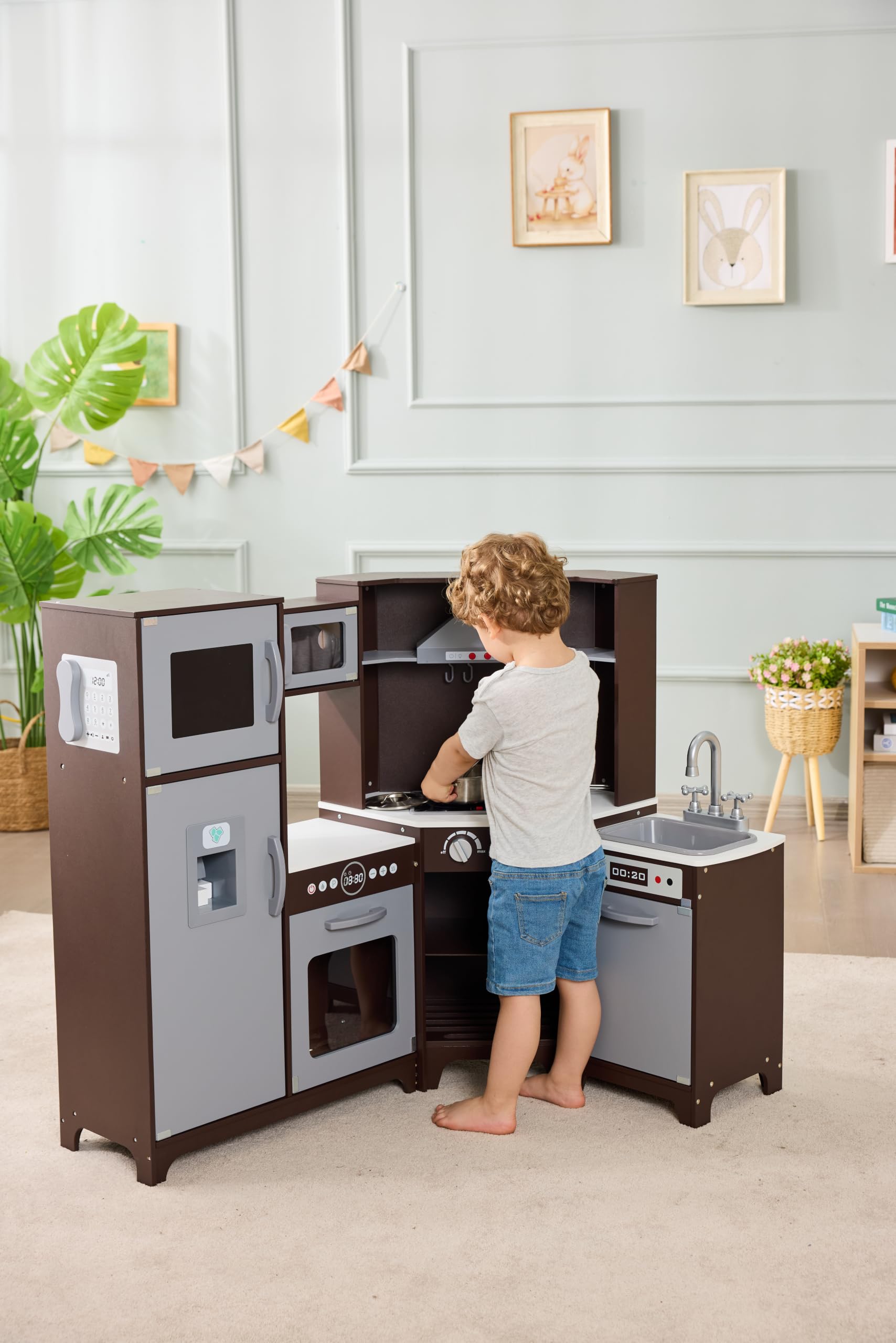 Amazon Basics hölzerne Eckküche für Kinder, Spielset mit interaktiven Türen, Knöpfen und Lichtern, 99 x 71 x 89 cm, Espresso/Grau