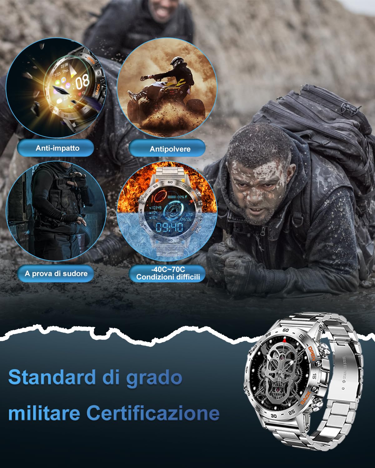 PODOEIL Smartwatch Militare in Metallo da Uomo, 1.39 "HD Screen Tattico Outdoor Rugged Watch con Health Monitor, 108 modalità Sportive Activity Tracker Smart Watch per iPhone Andriod Samsung