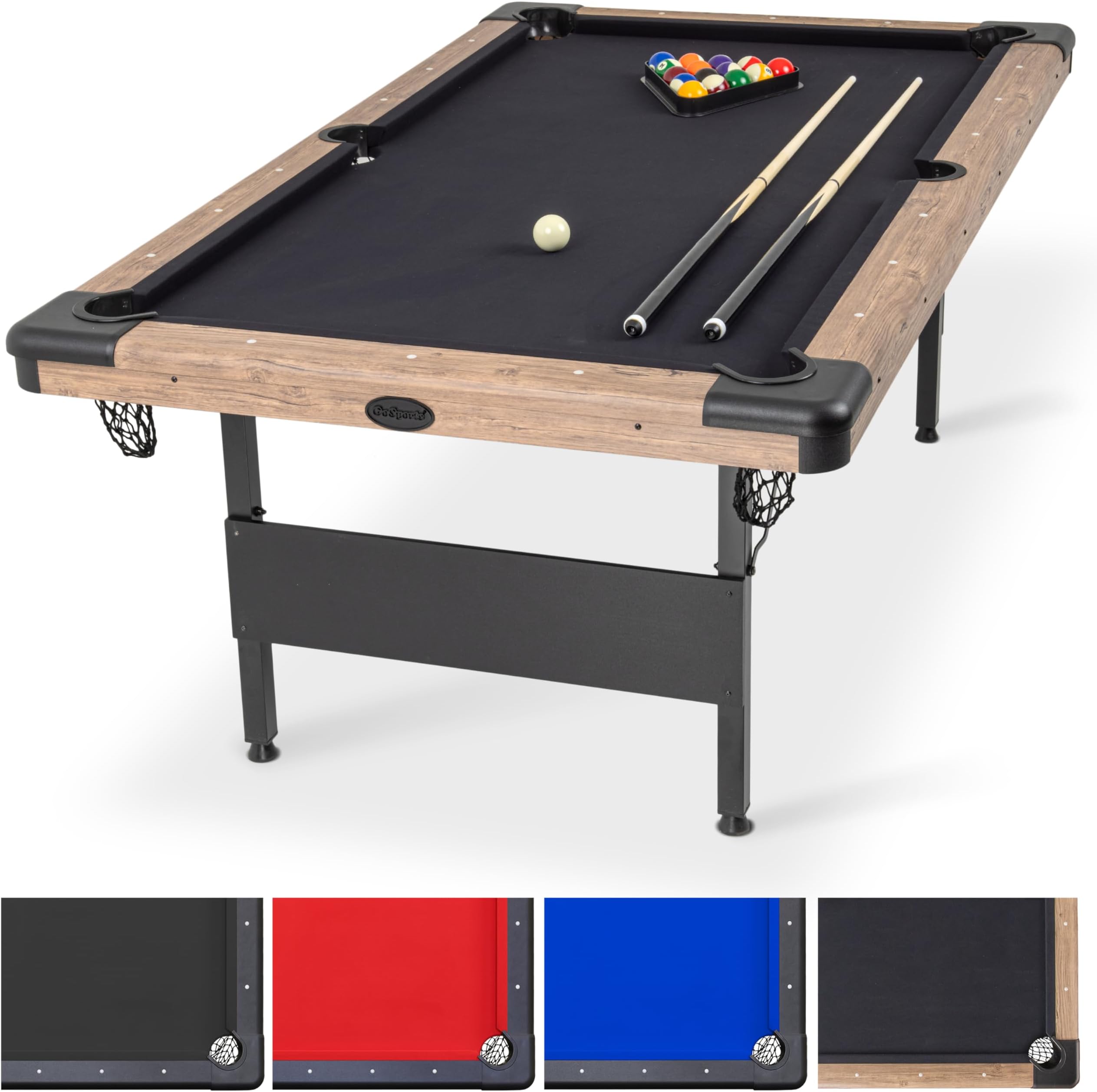 6, 7, or 8 ft Billiards Tables - No Assembly, Choose Your Color - Portable Pool Table Includes Full Set of Balls, 2 Cue Sticks, Chalk and Felt Brush