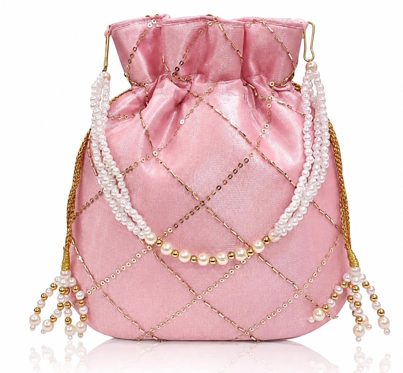 Pink Potli Bag for Women | Embroidered Ethnic Drawstring Batua with Pearl Handle & Tassels | Traditional Bridal Wedding Wristlet Clutch for Saree, Lehenga & Festive Parties-image-42