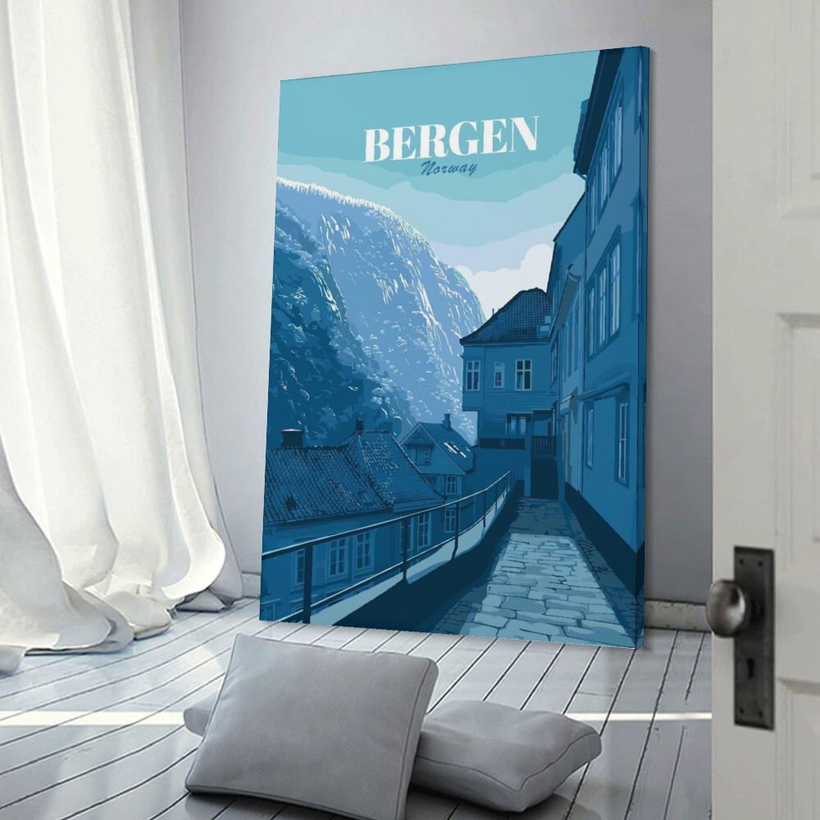 Junmoney Canvas Wall Decor Bergen, Norway Travel, 24x36inch(60x90cm), for Restful Interiors, Bedrooms Or Small Rooms, Canvas Wall Decor for Personal Spaces