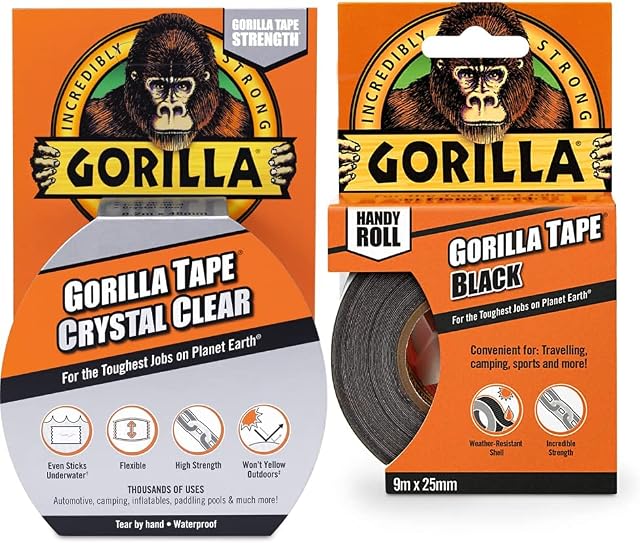 Gorilla Tape Crystal Clear 8.2m & Tape Handy Roll Black 9m