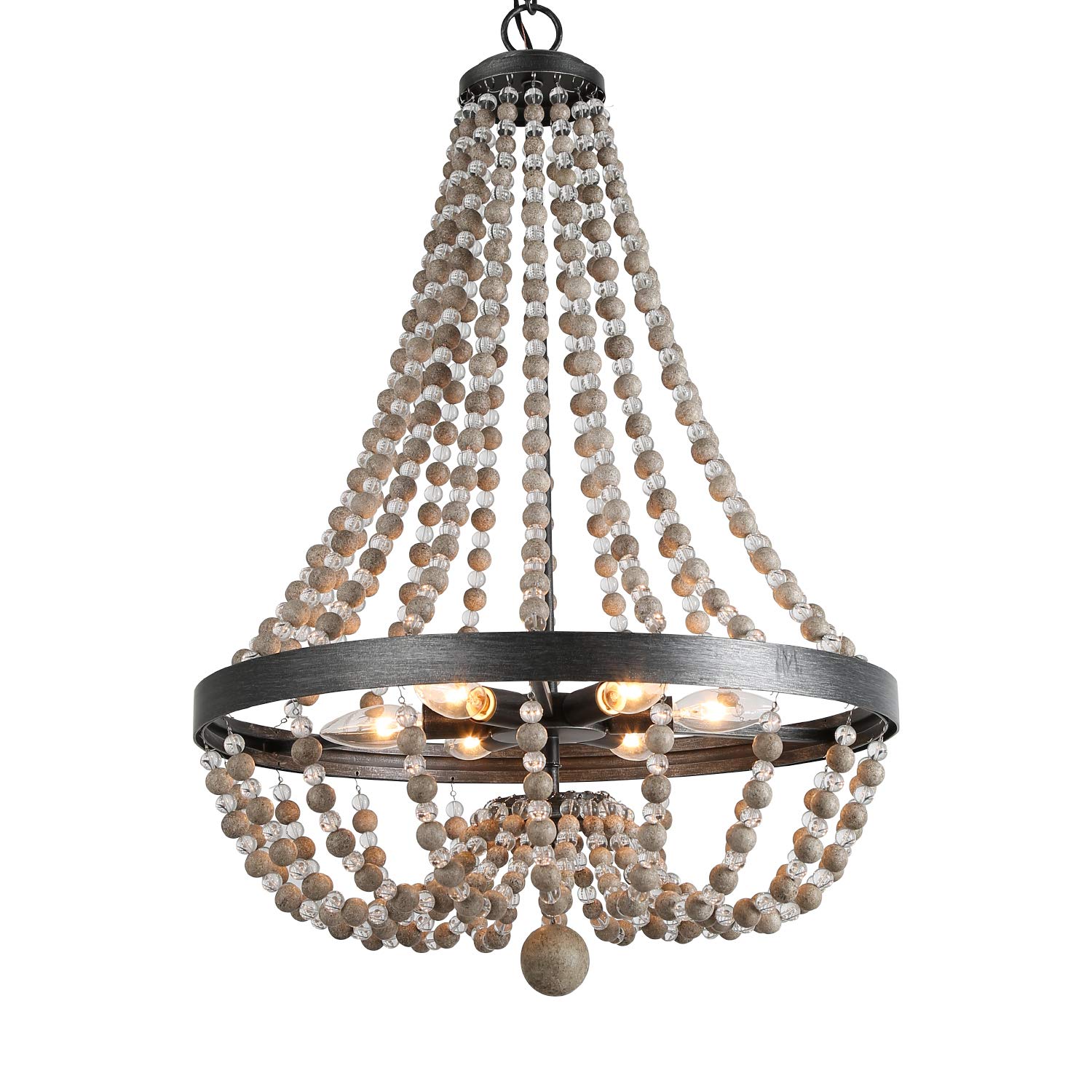 LALUZ Farmhouse Chandelier, Boho Light Fixture for Dining Room, Bedroom, Handmade Wood Beads, 6-Light, 28.3"H x 20.1"W