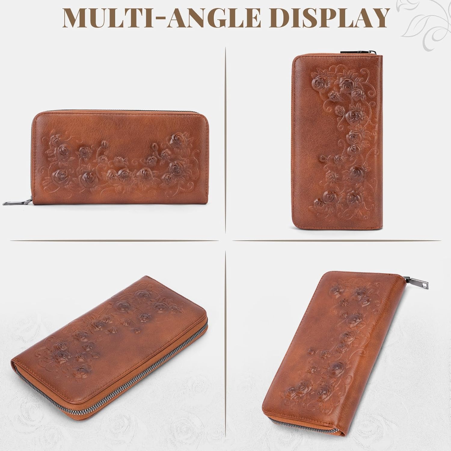 MEITRUE Womens Wallet Large Capacity Phone Clutch Purse RFID Floral Embossed Vegan Leather Travel Wallet with Wristlet Brown - Image 7