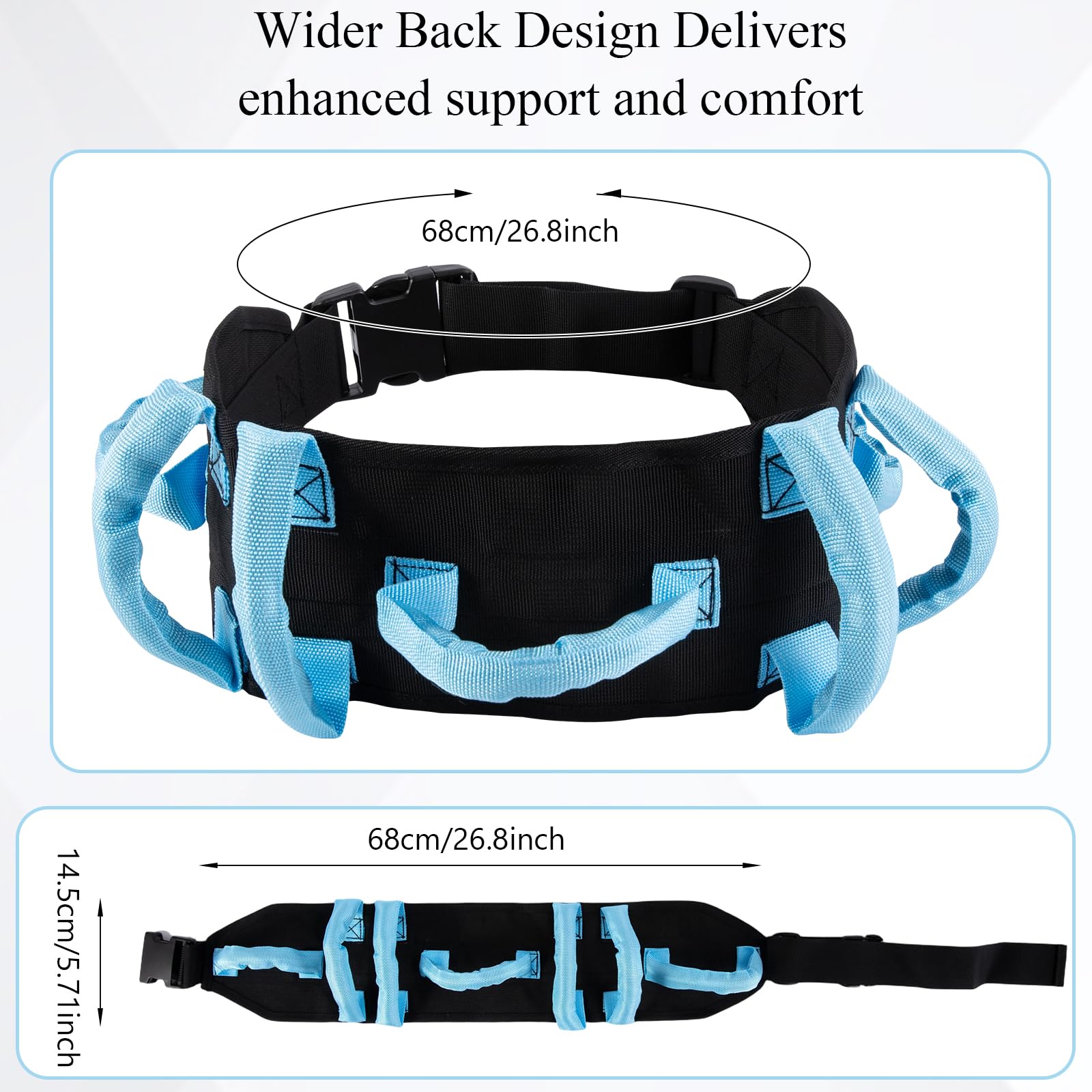 Gait Belt Blau Schwarz, Anti-Rutsch Transfergurt mit 7 Griffen & Schnellverschluss, 27-50 Zoll verstellbar, für Senioren, Pflege & Rehabilitation, 1680D Polyester