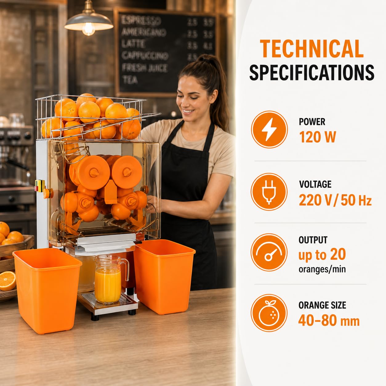 MAGIC SELECT Exprimidor de Naranjas Automático Profesional Hostelería | Máquina de Zumo Industrial, 120W, 20 Naranjas/min, Acero Inoxidable y Doble Cubo, Para Bar y Restaurante
