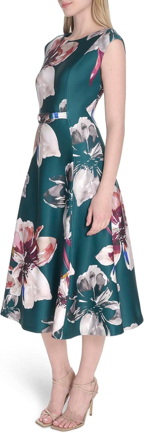 Calvin Klein Women's Cap Sleeve Hardware Belt Crepe A-Line Midi Dress - Image 3