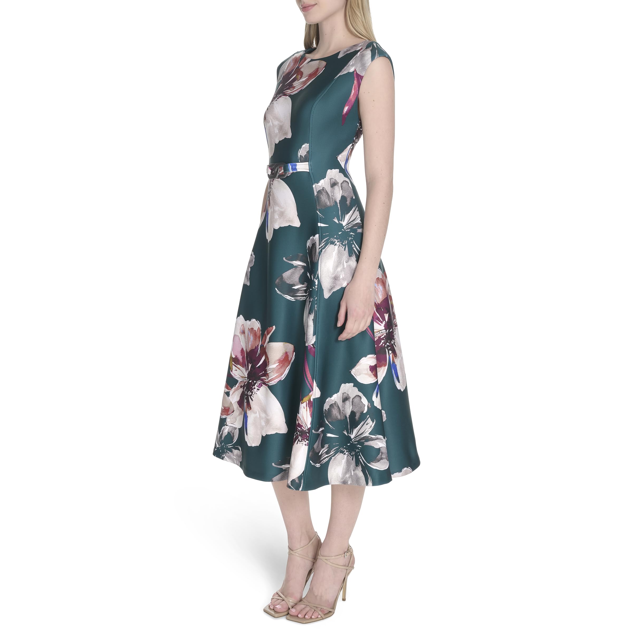 Calvin Klein Sleeveless Floral Print Scuba Crepe A-Line Dress with Hardware Vestito Donna