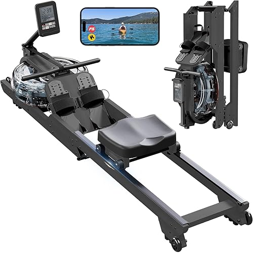 Dripex Rowing Machines for Home Foldable, Water Rowing Machine Max 350 LBS, Water Rower with Smooth Slide Rail, Comfortable Seat, Bluetooth App Supported, LCD Monitor, Wooden Row Machine for Home Gym