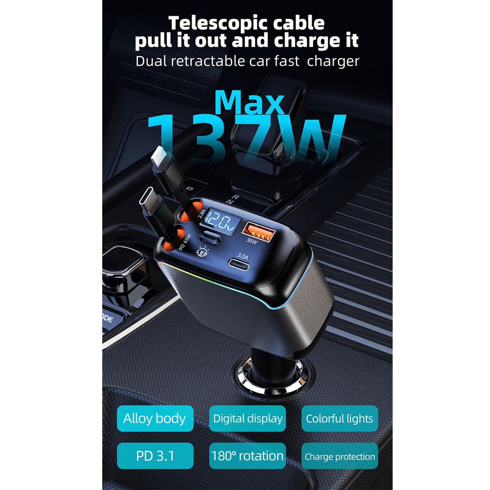 Caricabatterie per Auto Retrattile Ricarica Rapida Efficiente 4 in 1 per Telefoni Tablet Laptop PC ABS Lega di Alluminio