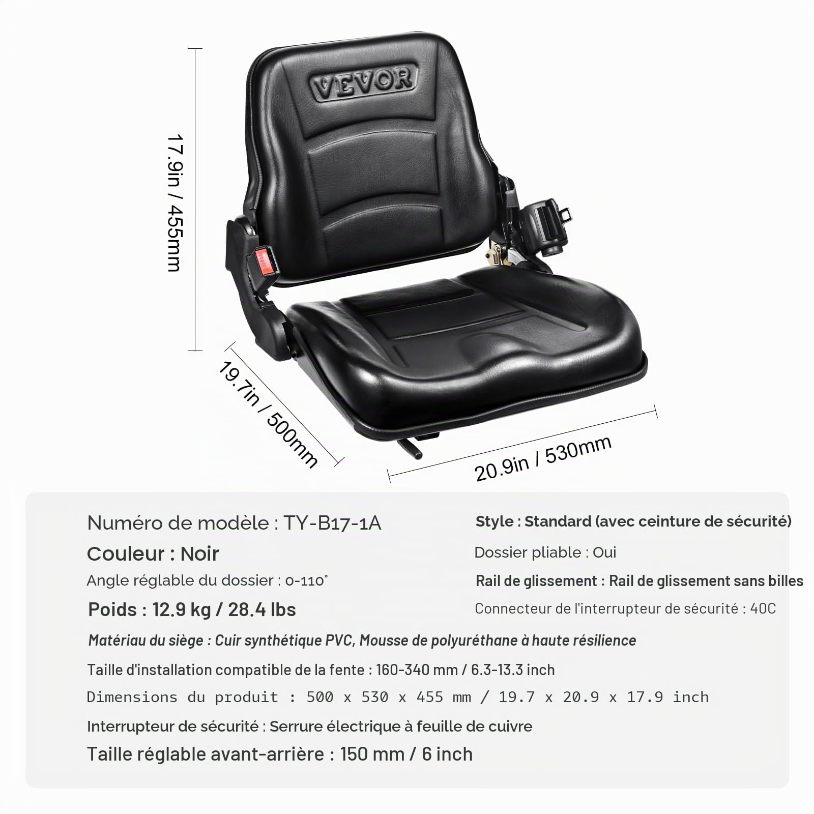 VEVOR Siège de Chariot Élévateur Universel Siège de Tracteur Rabattable Dossier à Angle Réglable Micro-interrupteur Ceinture de Sécurité Rétractable Fente Étendue 160-340 mm pour Chargeur Excavateur