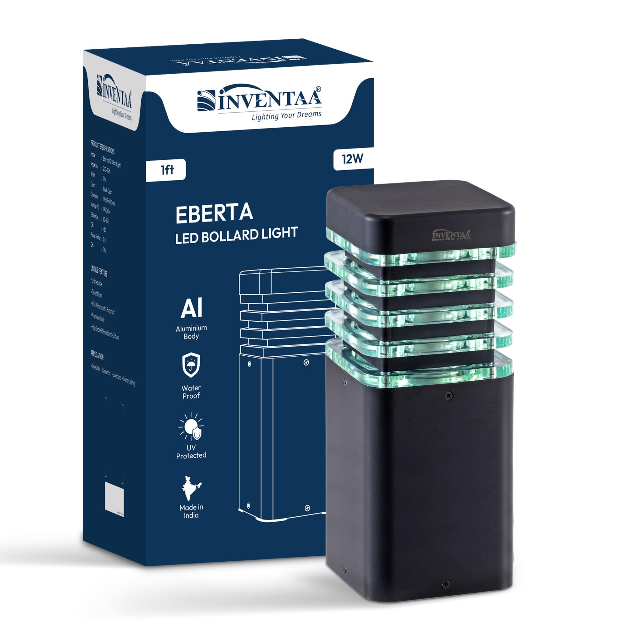 INVENTAA LED Bollard Light Waterproof | Bollard Lights for Installing As, Garden Lights Waterproof Light & Boundary Lights (Warm White, Eberta Square - 1 Feet)