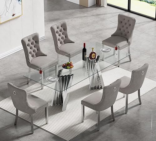 Miniatura 37 de SSLine Moderno juego de mesa de comedor de cristal de 7 piezas para 6 mesas de cocina y sillas de cristal dorado de lujo para 6 elegantes mesas de