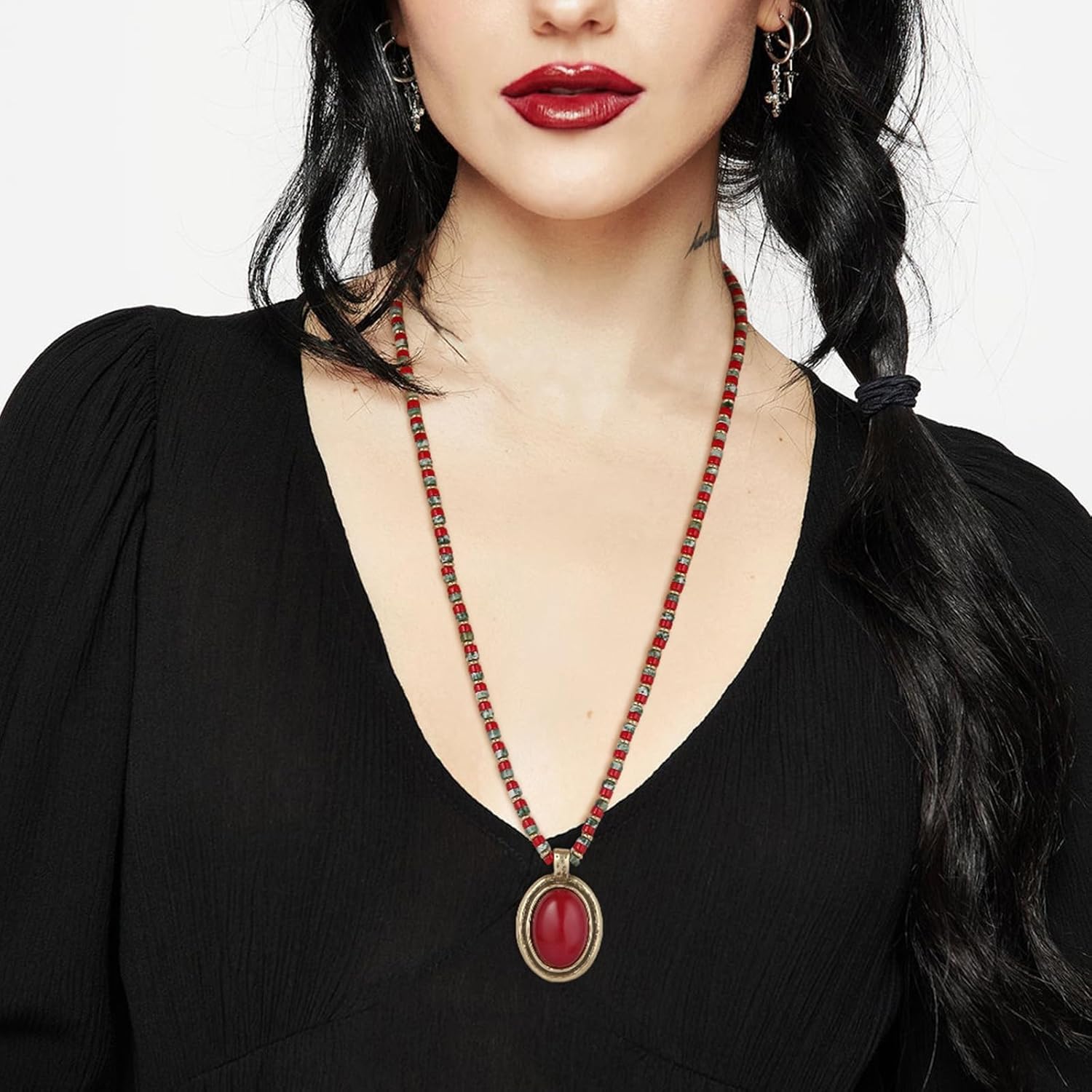 HZMAN Natural Red Agate Pendant Necklace for Women, Vintage Handmade Brass Choker, Bohemian Retro Jewelry Gift, 22.95 Inches - Image 2