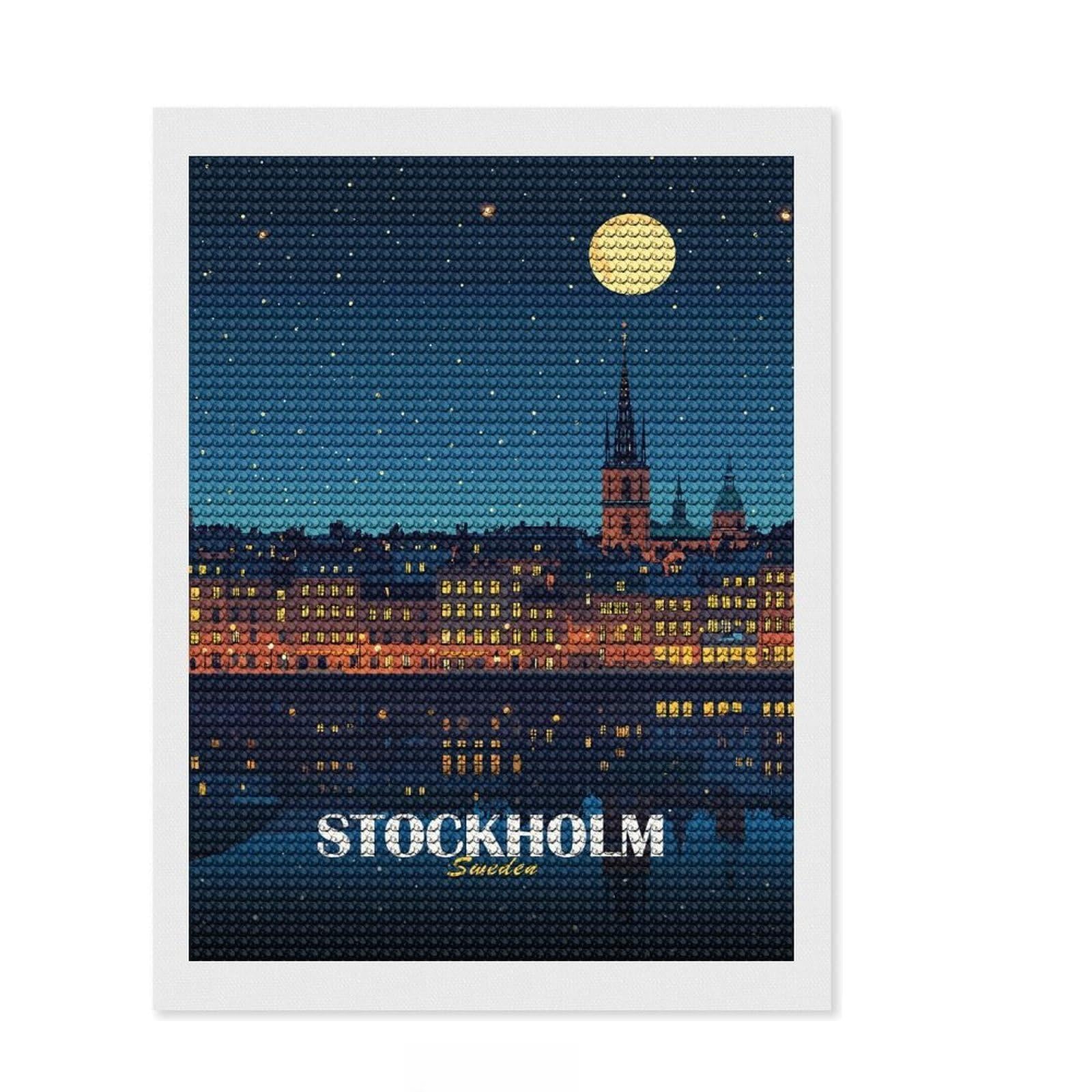 Junmoney Stockholm Sweden Night Cityscape Illustration Diamond Painting Kit 12"x16", Modern Decor, Living Room Decor, Round Gems, DIY Craft, Festive Home Decor