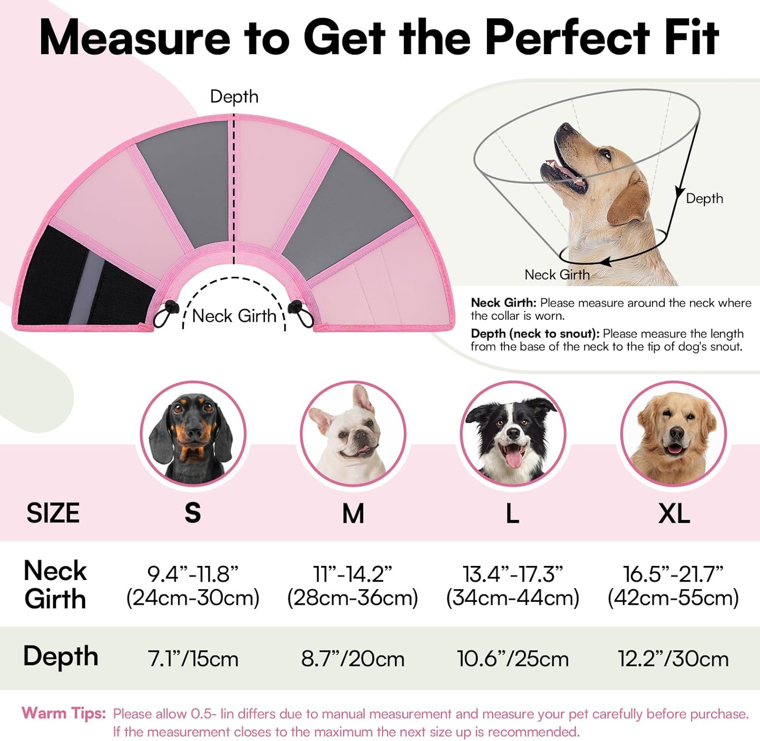 Queenmore Dog Cone Collar, Dog Cones for Small Dogs, Soft Cone for Small Dogs, Waterproof Pet Cones After Surgery to Stop Licking, Easy Clean Recovery Collar for Wound Healing (Light Pink,S)