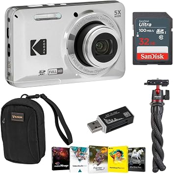 Kodak PIXPRO FZ55 Friendly Zoom Digital Camera, Bundle with 32GB Memory Card, Camera Bag, Tripod, Photo Editing Software, Card Reader Silver