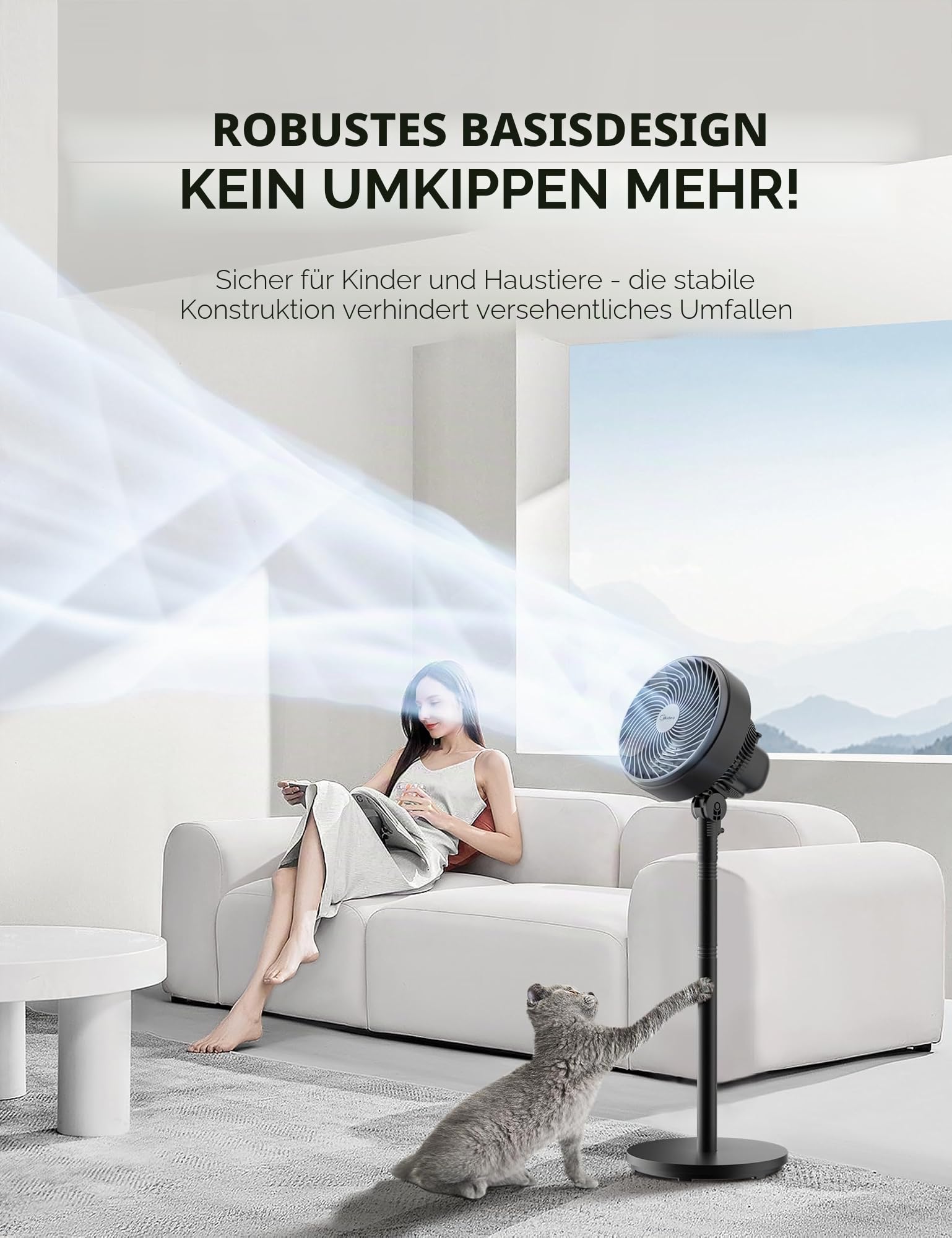 Midea Standventilator FG18-22LAPHSE(BL) 6 Turbo-Flügel, geräuscharmer DC-Motor, 15 Geschwindigkeiten und 4 Modi, Oszillation 30°-120°, Timer 24h, Höhe verstellbar 78-110