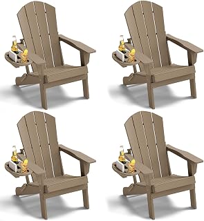 NAVINE Adirondack Chair Set of 4 HDPE Folding Chairs with Multifunctional Cup Holder - Weatherproof Patio Fire Pit Seating 400lb Capacity