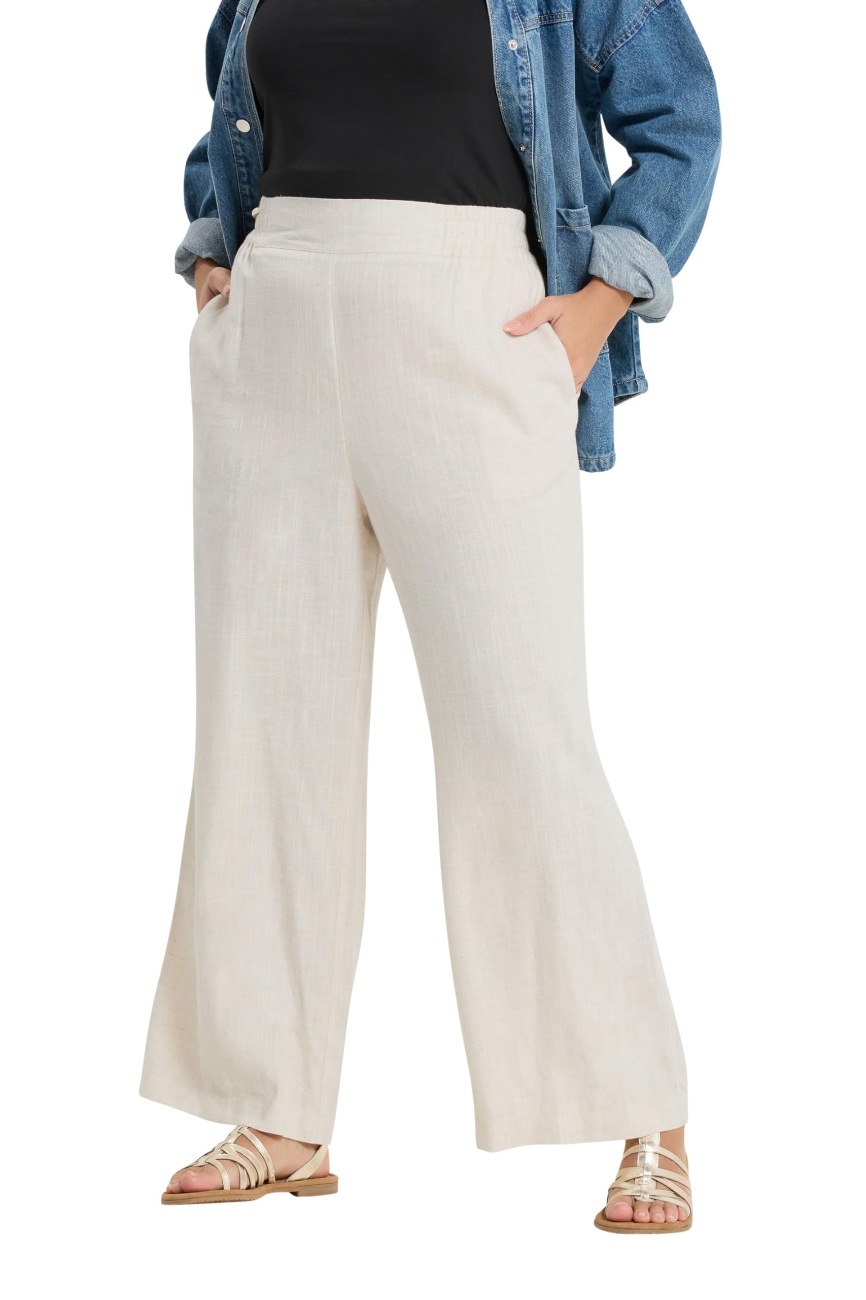 Yours Women's Natural Linen Pull On Wide Leg Trousers In | Size: 22/24S