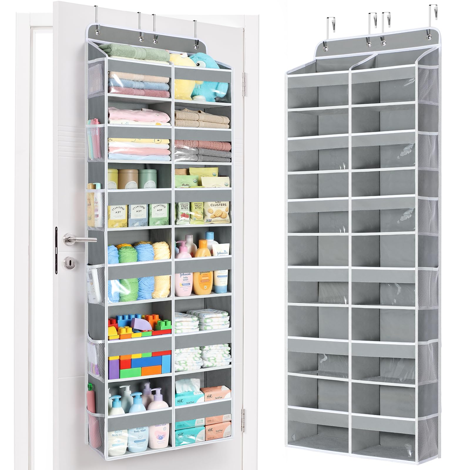 Yecaye Over The Door Organizer, 6 Tier Extra Large Behind Door Storage of 12 Compartments, 80lbs Heavy Duty Door Organizer Hanging with Clear Window for Closet Bedroom Pantry Bathroom, Grey