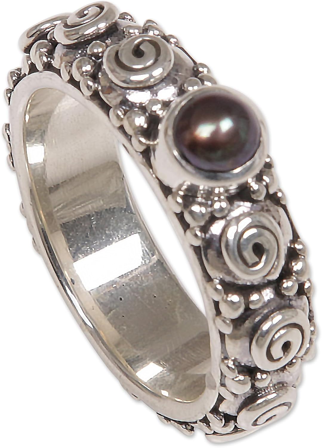NOVICA Artisan Handmade Cultured Freshwater Pearl Single Stone Ring from Indonesia .925 Sterling Silver Black Birthstone 'Swirls of Joy in Brown'