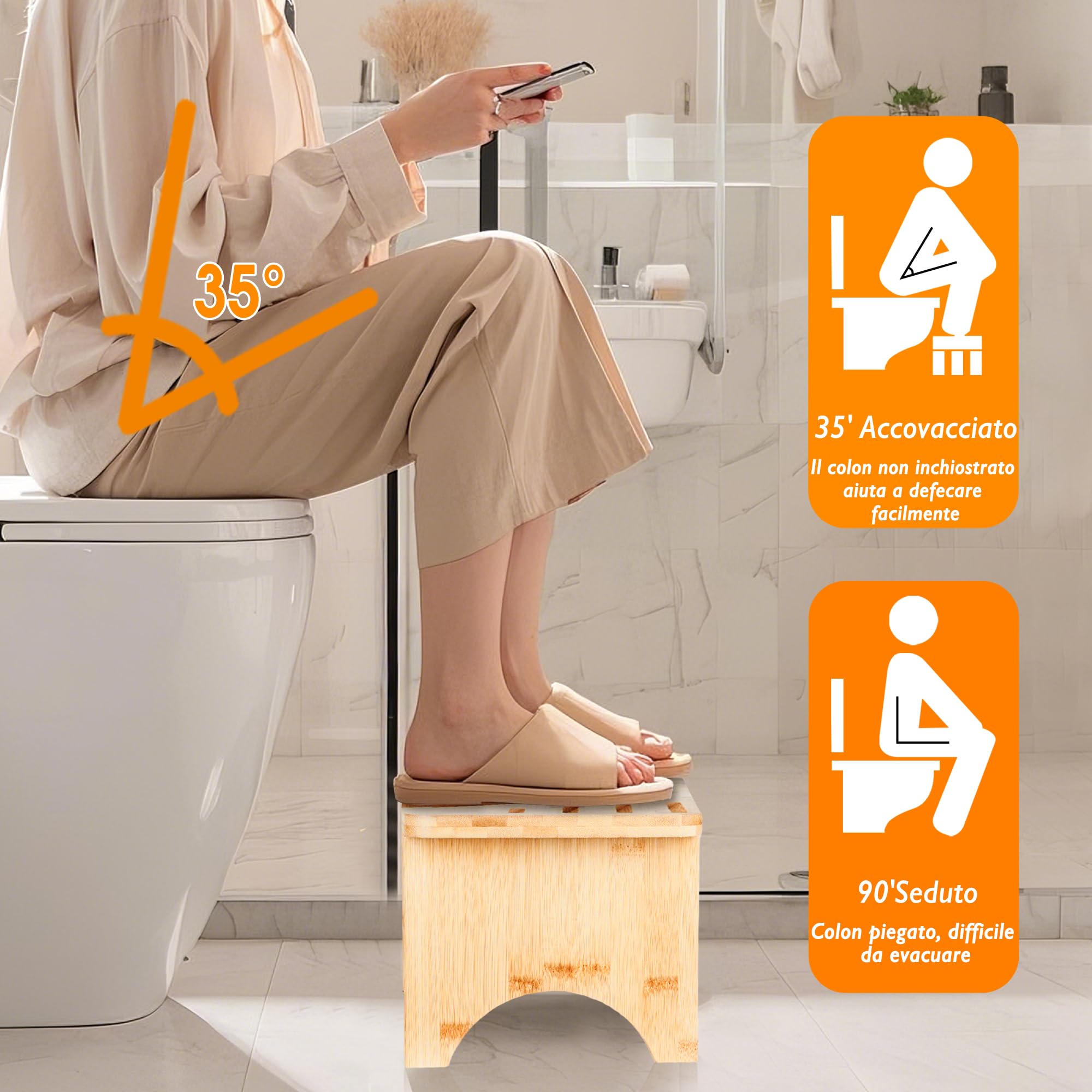 Sgabello WC In Bambù Regolabile - Poggiapiedi Antiscivolo Con Massaggio Piedi - Per Adulti E Bambini