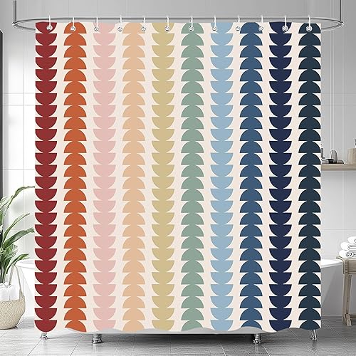 Miniatura 20 de Cortina de ducha naranja de mediados del siglo XX moderna, cortinas de baño de arte geométrico retro abstracto boho para el baño, accesorios de baño