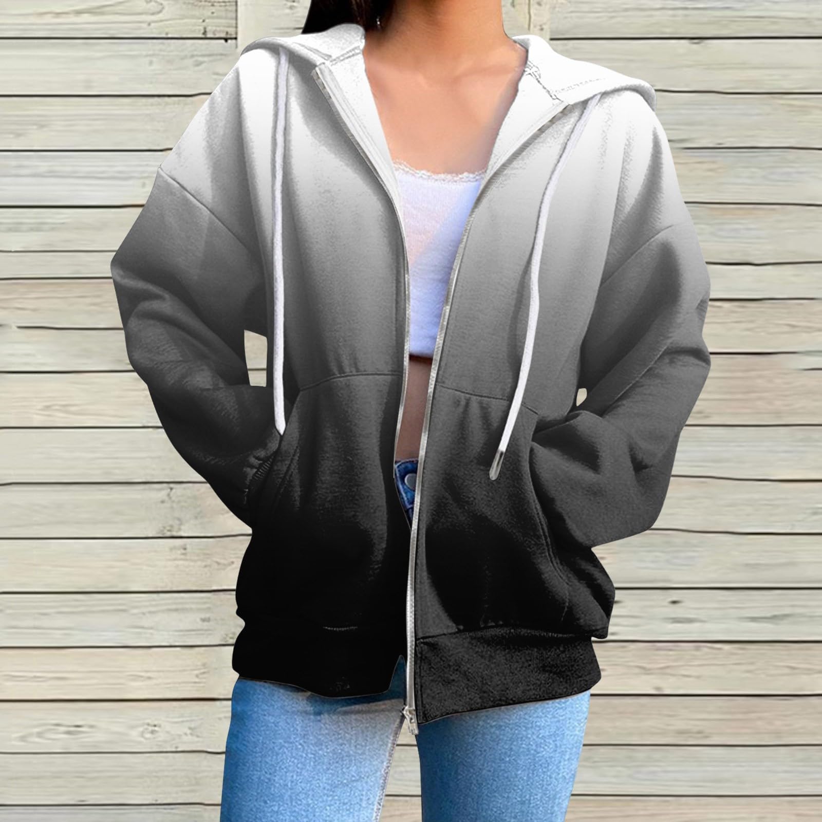 Lainuyoah Lightweight Zip Up Sweatshirts For Women Drawstring Cute Hoodies Fall Jacket Plus Size Casual Blouse with Pockets