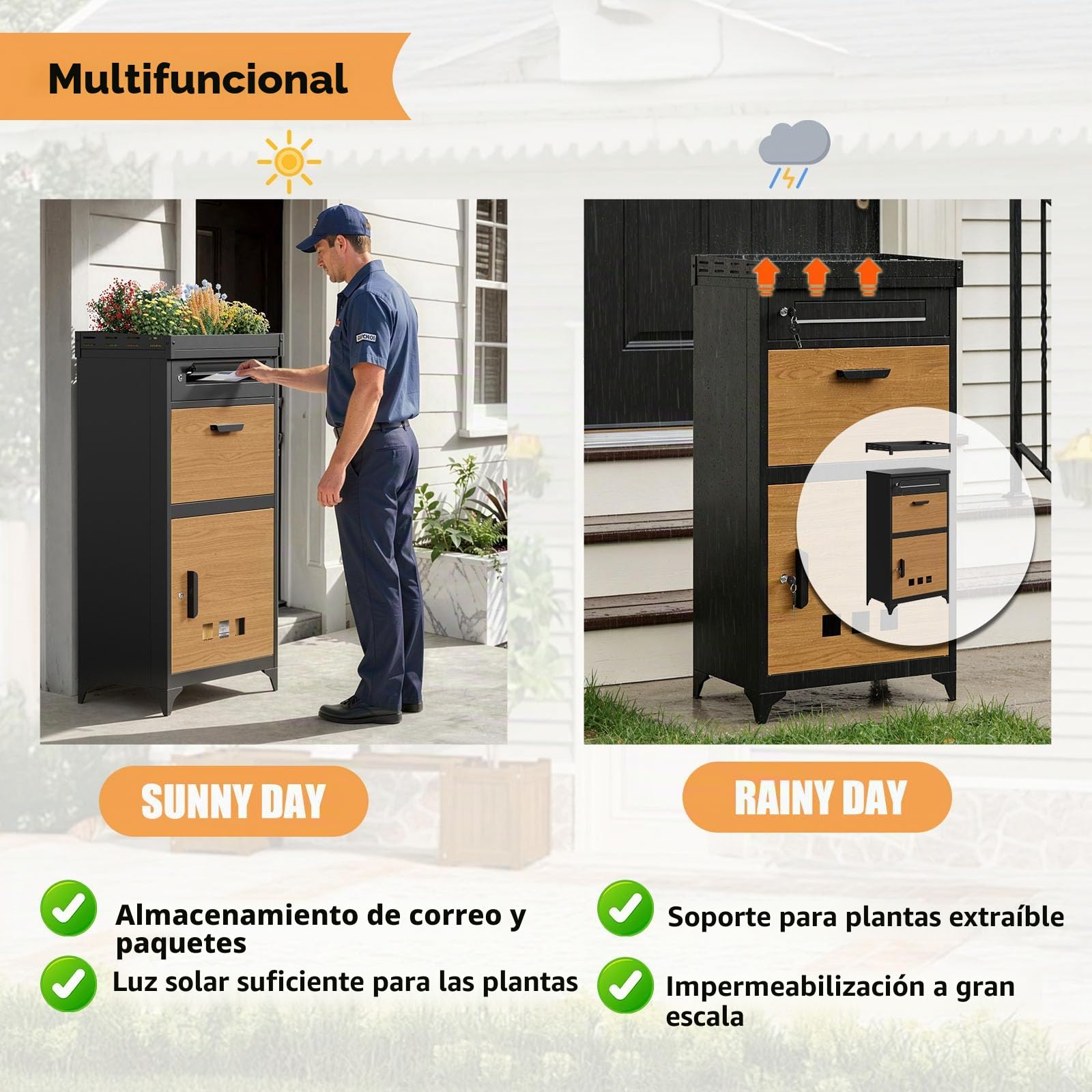 Buzon para Paquetes Exterior Grande, 3 Niveles Buzón de Correo de Acero Galvanizado Código con Soporte Desmontable para Macetas,2 Llaves,Antirrobo,Resistente a la Intemperie para Hogar,Oficina,Porche