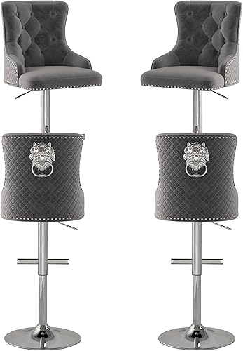 Miniatura 14 de Juego de 2 taburetes de bar de terciopelo con anillo giratorio de león para encimera de cocina, taburetes de bar tapizados con cabeza de clavo, Gris
