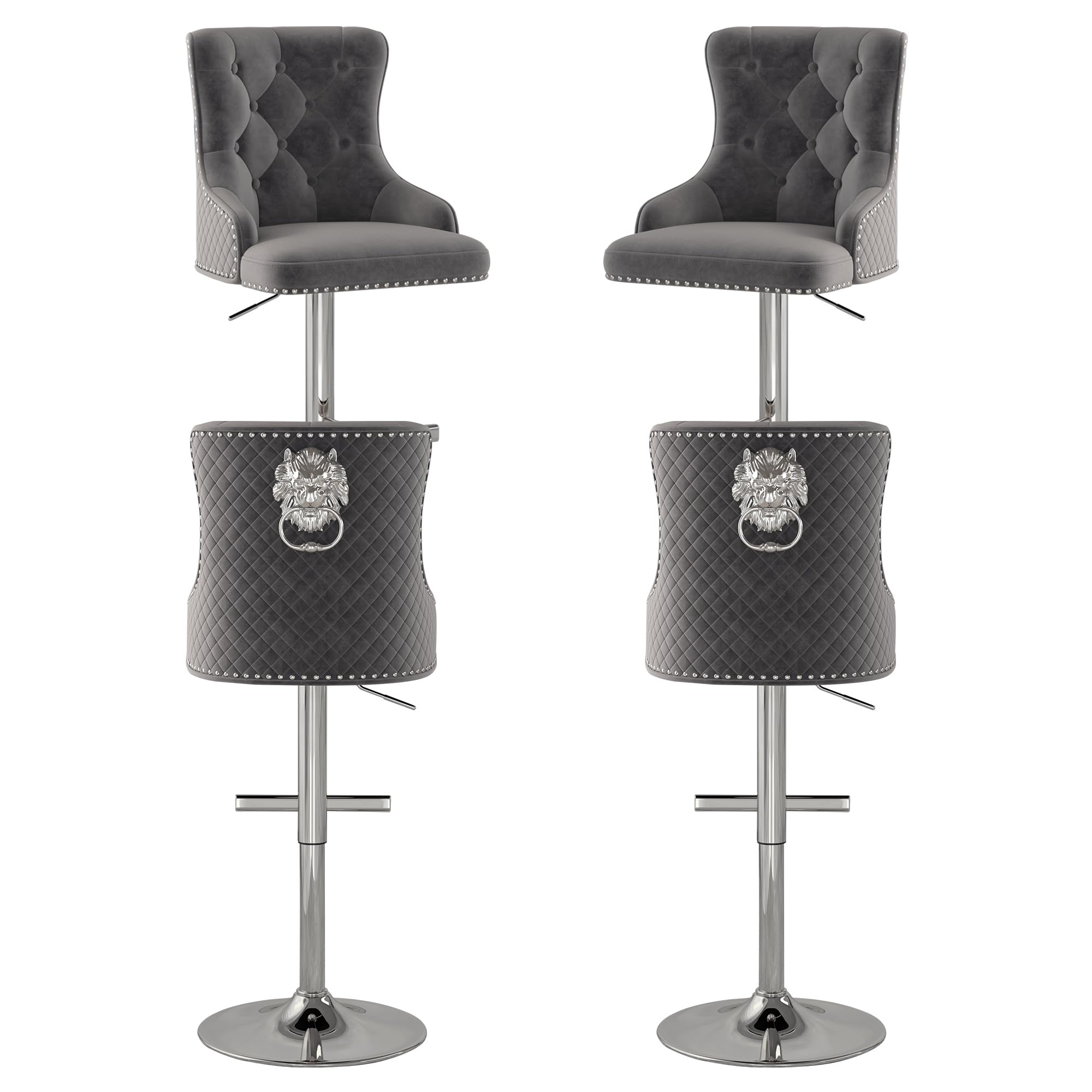 GOOLON Velvet Bar Stool Set of 4 Lion Pull Ring Swivel Chair for Kitchen Counter Nailhead Upholstered Barstools Height Adjustable Barstools with