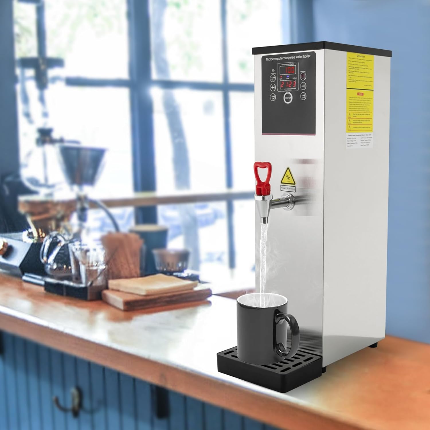 Hot Water Dispenser, Commercial Water Boil Machine, 1800W Electric Kettle 304 Stainless Steel Fast Heating Water Warmer, Temperature Control 104-210.2°F for Boba Tea Coffee Office (15L Silver)