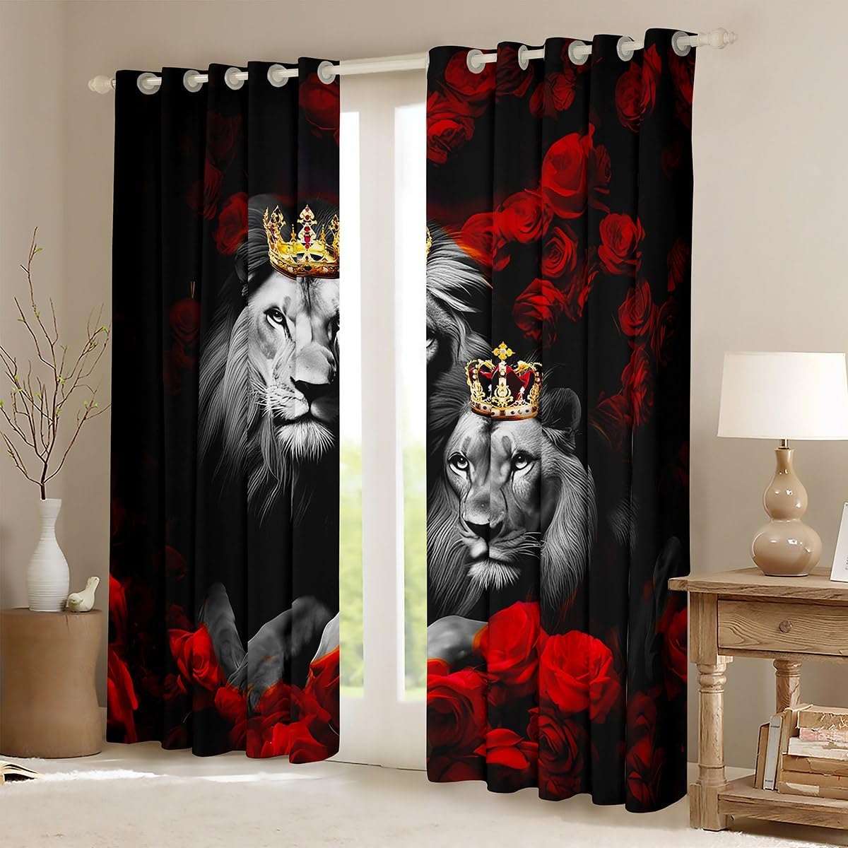 jejeloiu Wild Lion Couple Curtains for Living Room (2 Panels, 42 x 84 Inch) Red Rose Floral Blackout Curtains Gold King and Queen Crown Darkening Drapes Valentine's Day Window Treatments Multi 15 42"W x 84"L (Pack of 2)
