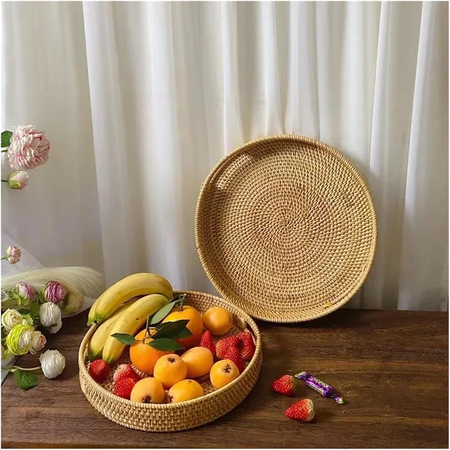Hand-Woven Rattan Storage Basket TrayTea Fruit Round Case With Handle Afternoon Tea Fruit Tray Storage Basket Food Display Tray(Rectangle38x26x7cm L)