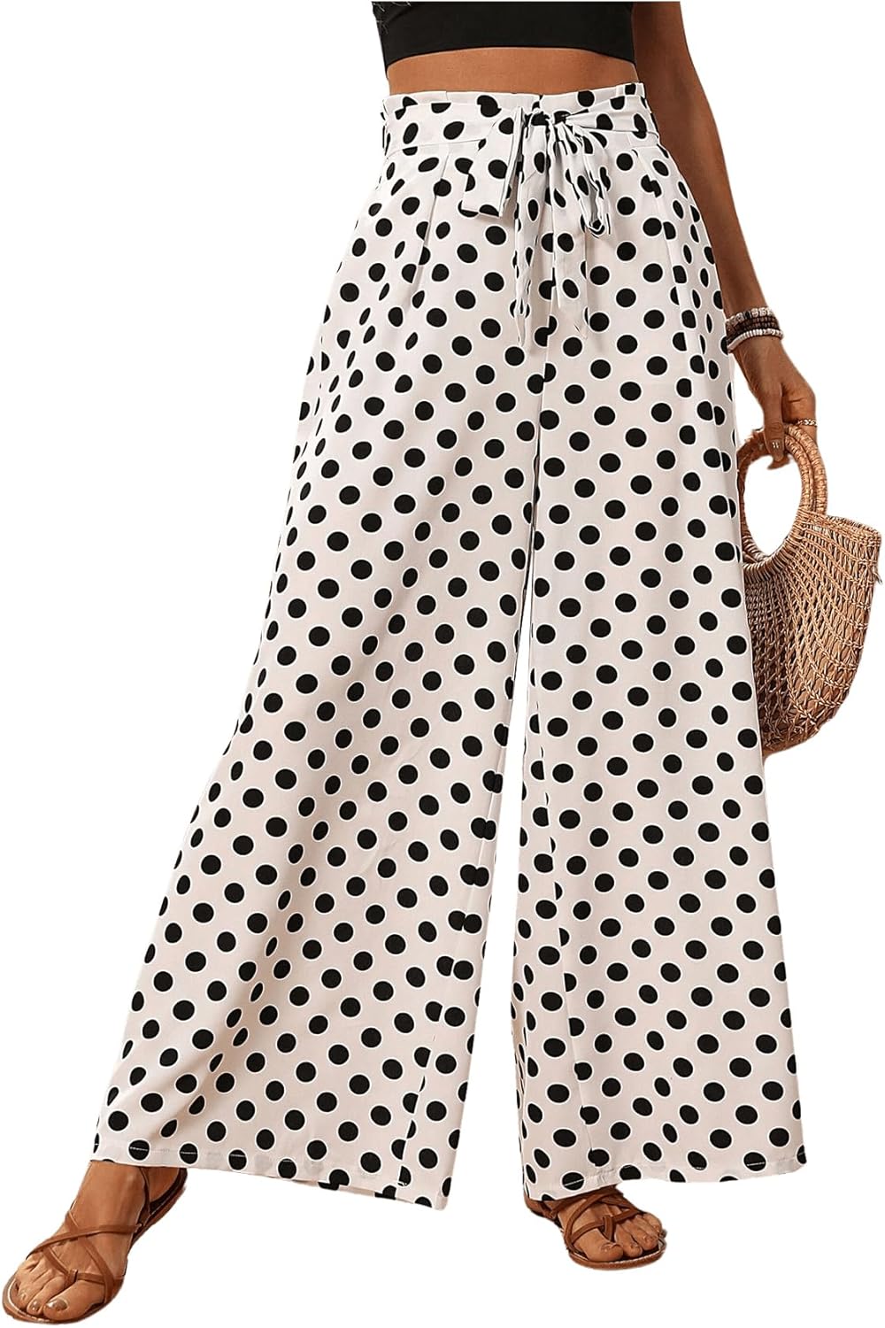 GORGLITTER Women's Polka Dots Wide Leg Belted Pants Elastic Waist Vacation Summer Beach Trousers