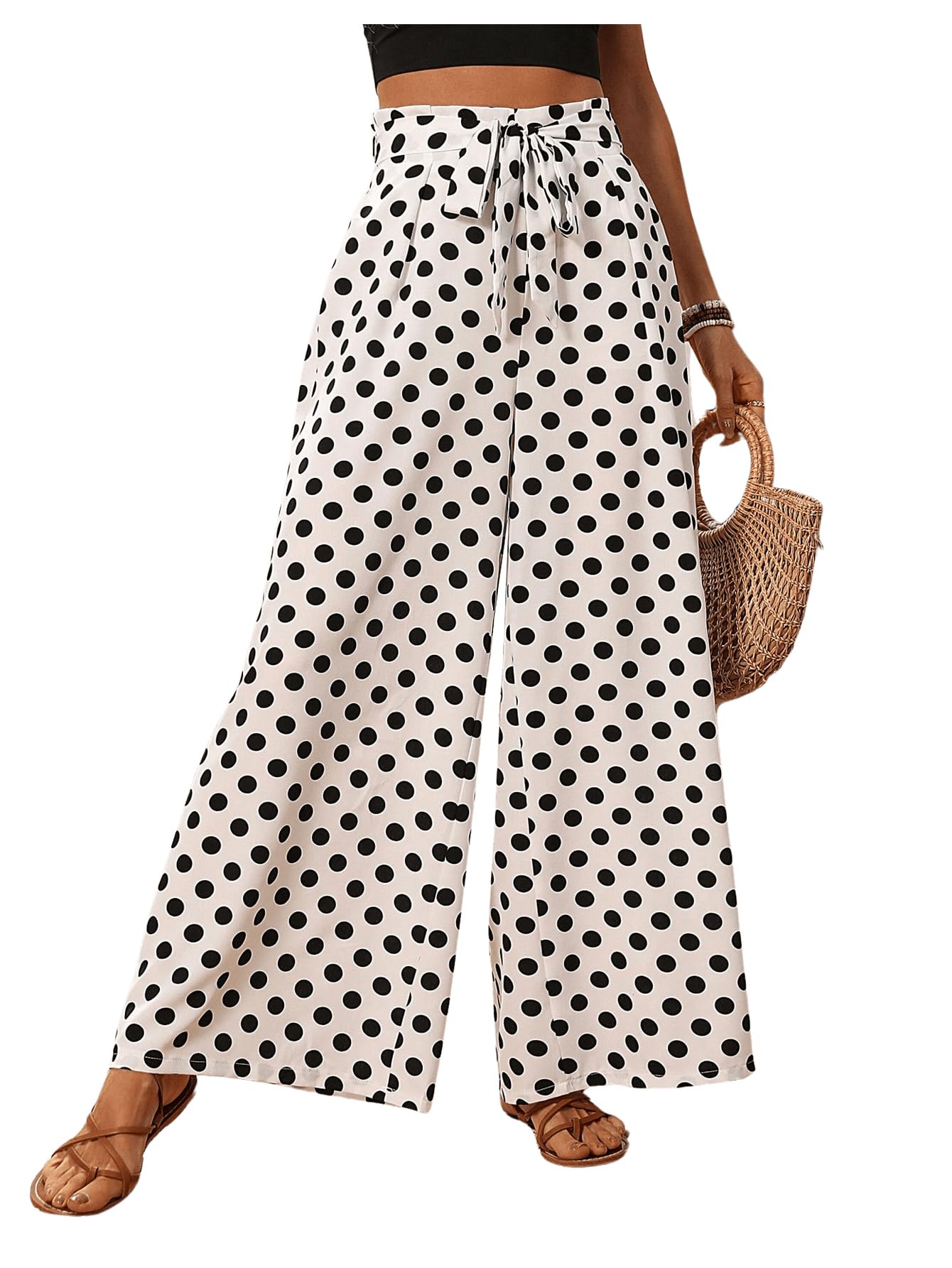 GORGLITTER Womens Polka Dots Wide Leg Belted Pants Elastic Waist Vacation Summer Beach Trousers