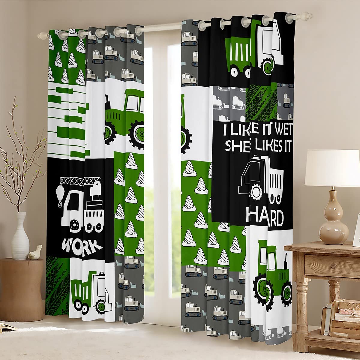 Cortinas de ventana de tractor de cosechadora verde, sueños de construcción para niños, cortinas opacas de coche de dibujos animados (30%-50%) para equipos agrícolas, maquinaria, camión, decoración d