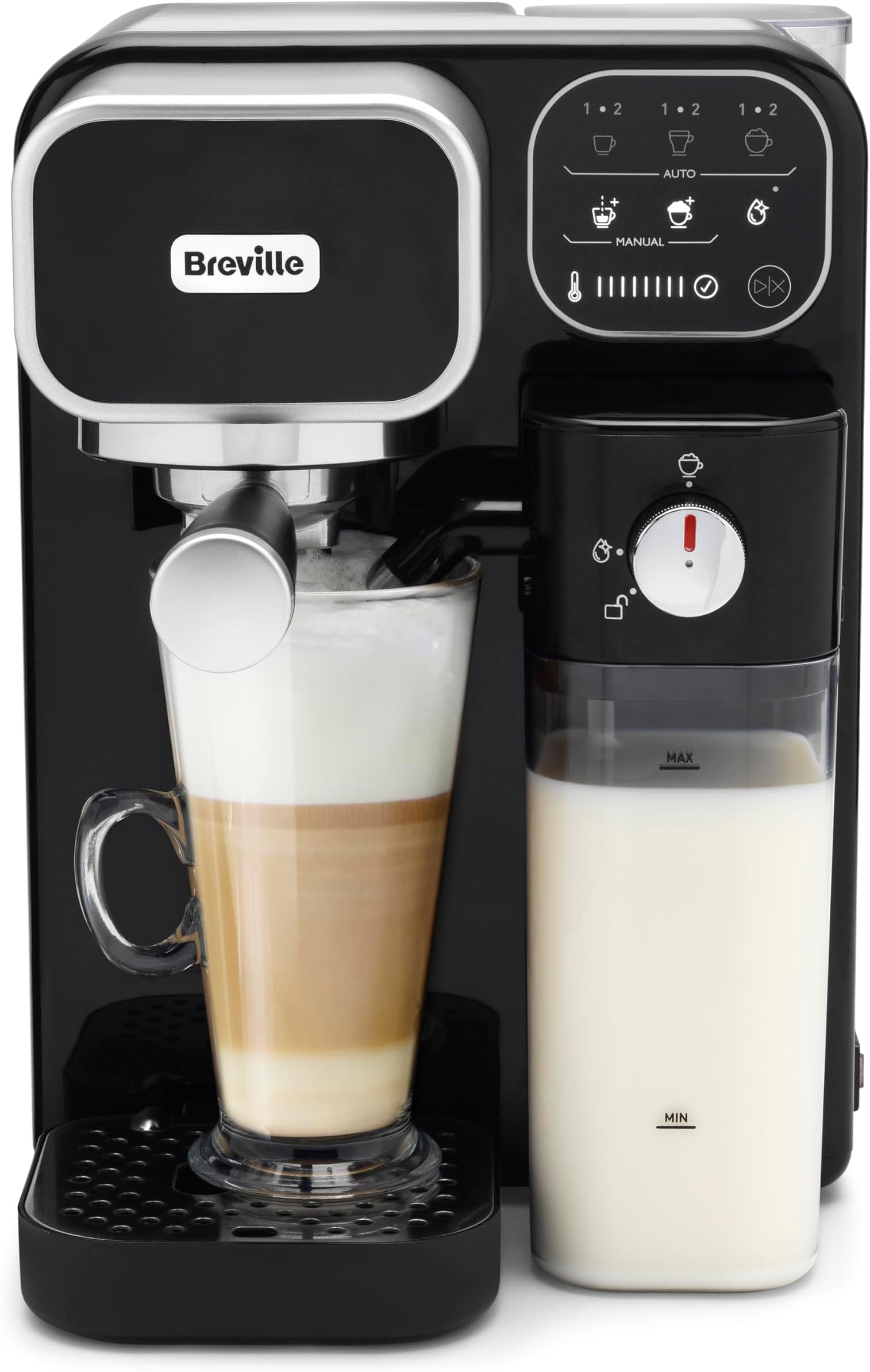 Breville Prima Latte Luxe One Touch Espresso Maker| Espresso, Latte Cappuccino Coffee Maker | 19 Bar Italian Pump | Automatic Milk Frother | ESE Coffee Pod Compatible | Black [VCF166]