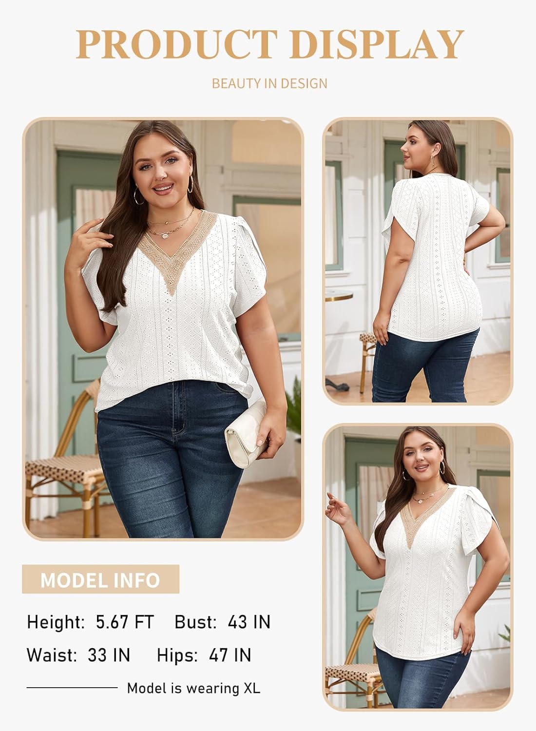 Eytino Womens Plus Size Tops Lace V Neck Petal Short Sleeve Blouse Eyelet Hollow Dressy Casual T Shirts(1X-5X) - Image 3
