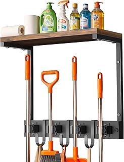 Broom Holder Wall Mount with Top Wooden Shelf, Heavy Duty Metal Cleaning Supplies Broom Hanger with 4 Slots & 3 Hooks for Laundry Garage Tool Storage Kitchen (Small)