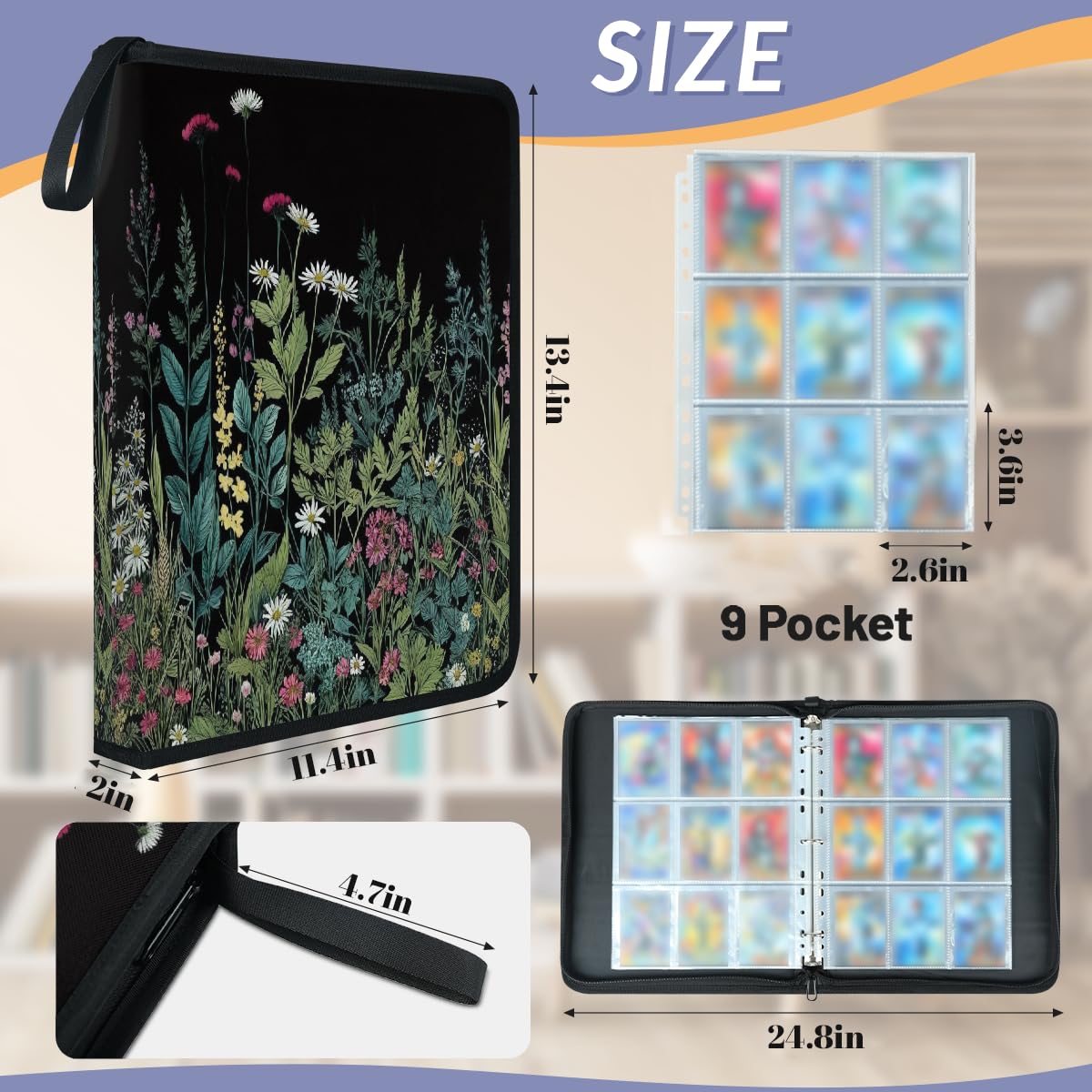 Raccoglitore per carte collezionabili con 9 tasche con fiori primaverili, fiori di campo, raccoglitore per carte con foglie di margherita, con maniche rimovibili, impermeabile, con cerniera, 50 pagine