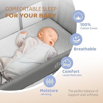 JOYMOR Baby Bedside Bassinet, Baby Bassinet, Pack n Play Convert Playpen, Quick Foldable Travel Bed with Wheels & Brake, Carry Bag for Boys Girls (Gray)