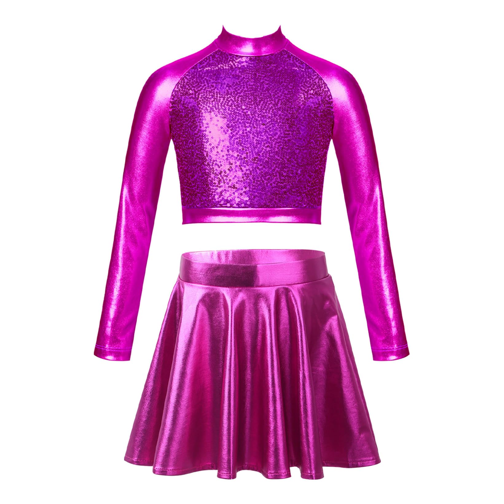 JanJean Kids 2Pcs Shiny Dance Dress Set Girls Metallic Crop Top with Skirts Outfits for Cheerleading Dancing Performing Hot Pink 6 Years