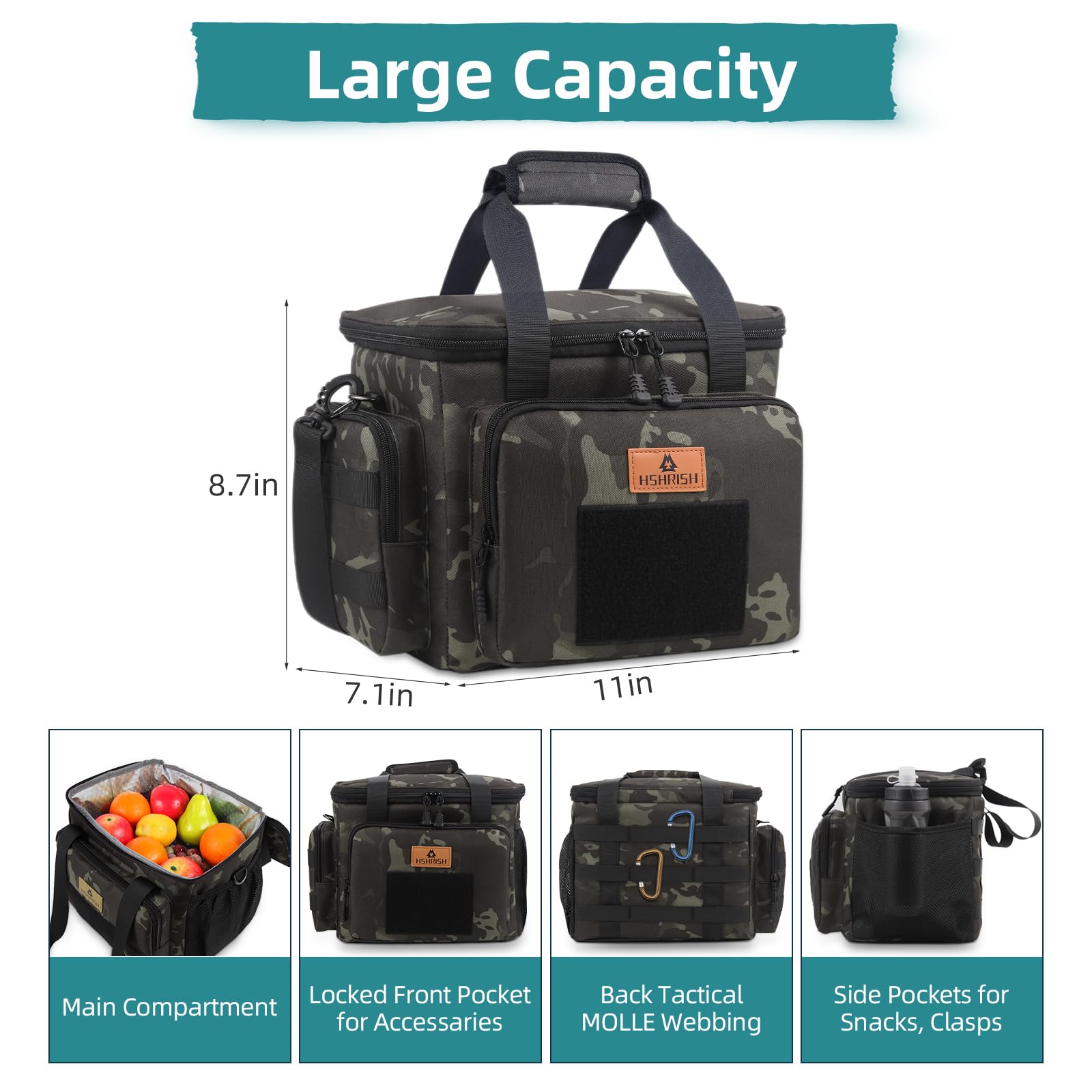 HSHRISH Borsa Termica Porta Pranzo, Borse Frigo a Tracolla per Picnic Isolate Tattiche All'aperto per Uomo Donna, impermeabile e durevole, ufficio, picnic all'aperto 12 L, Nero mimetico