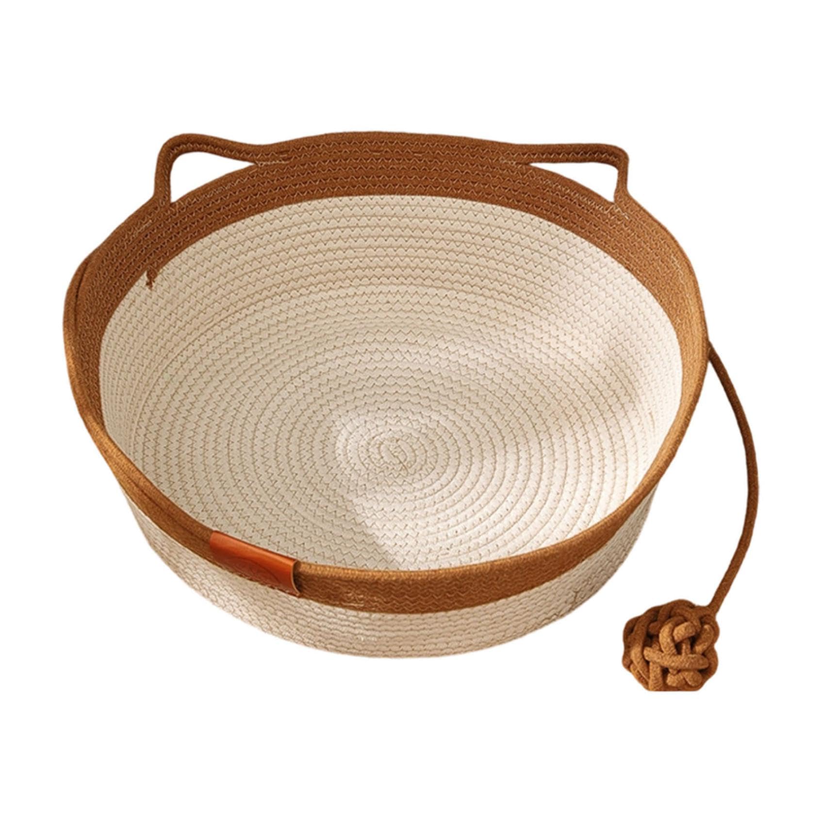 Cat Bed Basket, Handwoven Cotton Rope Enrichment Bed with Toy Tail, Scratchable Interactive Pet Nest, for Medium and Small Cats (Brown)