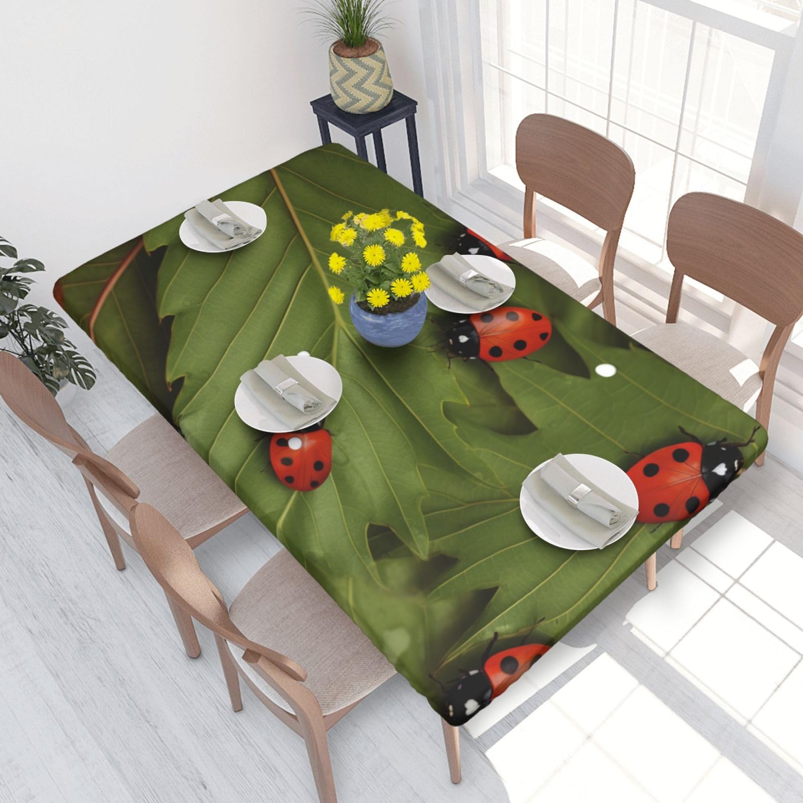 DCARSETCV Leaves and Ladybugs Printed 4FT Waterproof Tablecloth with Elastic Edged Protect & Decor Your Table, Oil-proof Washable Table Cloth Cover for Dinner Picnic Party